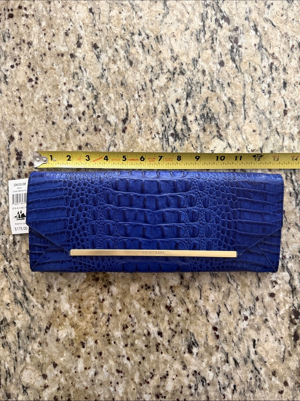 Brahmin Royal Blue Croc-Embossed Envelope Clutch with Gold Bar